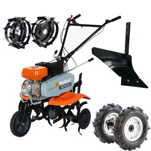 Motosapa pe benzina Wolfson Imperio, 7CP, 212cc, latime de lucru 80cm, cu roti de transport + plug arat si roti metalice 4.00x8