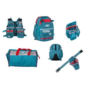 Set transport unelte TOTAL 5 piese (rucsac, geanta, vesta, centura, suport bormasina)